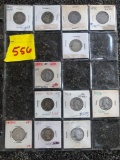 Collection of 12 quarter coins, barber quarters USA