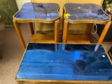2 end tables and a coffee table/blue glass and wood