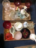 2 flats glassware, bells, teacups, vases, candlestick, etc