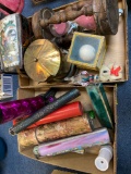 Collection of kaleidoscopes, glass planes, metal carousel, Asian basket, mini teacups and timers