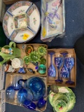 Rabbit dishes, blue glass pitcher and flutes, wine glasses, little decorative items, floral ceramic