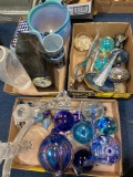 3 flats glass ornaments, paperweights, granite clock, vases and more