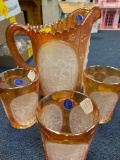 Imperial glass ruby gold pitcher and 3 cups
