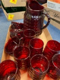 Red glass pitcher and cups