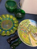 Glass, green hand painted west Germany, owls, oil lamp glass