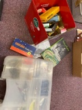 Fishing items, pamphlets, tackle boxes