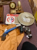 3 gallon crock lid, insulator, deer hide, sign, thermos, football clock, coke bottles, Goodyear keys