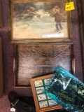 Fly fishing print signed, stamps, tray, bowling shirt patch