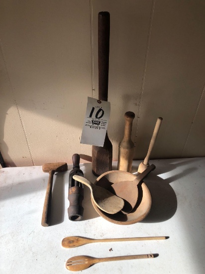 Ant. wood utensils - stompers - unusual wood press - wood bowl and paddle