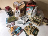 Old postcards - pins - tobacco roller - Pepsi bottle - tins