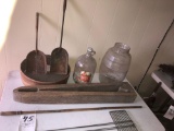 Ant. leather clamp - pickle jar (no lid) - sifter - ash shovels - gun rod