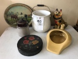 Canning crock - collie dog - bed pan pot - horse tin platter - tin