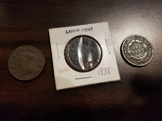 Large cents, 1828, 1838, one unidentifiable. Bid x 3