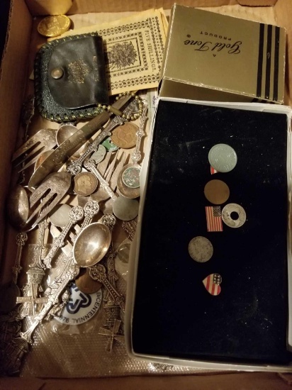 Collector spoons, misc. coins