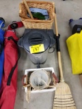Coffee percolator, broom, baskets