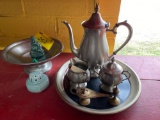 Pewter tea set, brass lamp, figurine