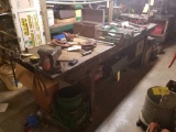 Work bench 39 inches x 9ft with vices and wire wheel. Contents on top of bench not included