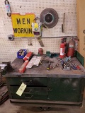 Workbench, vice, welding rod, helmet, hand tools