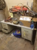 Metal desk, first aid kits, registers, wire