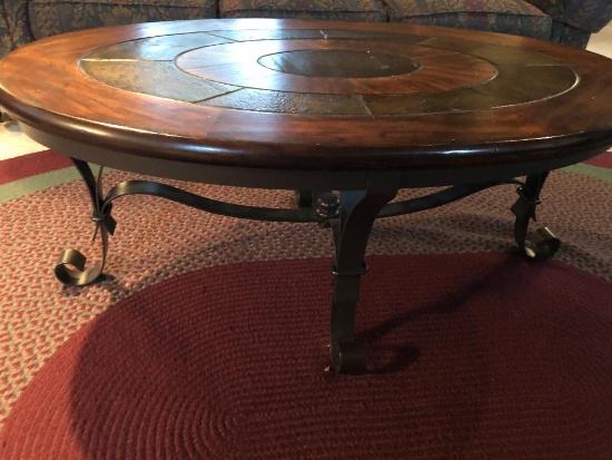 Oval shape inlaid top coffee table with wrought iron legs