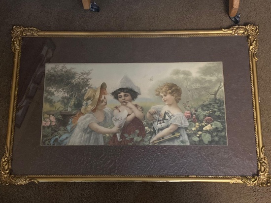 Unsigned old litho of three girls, 38.5 x 24.5 frame
