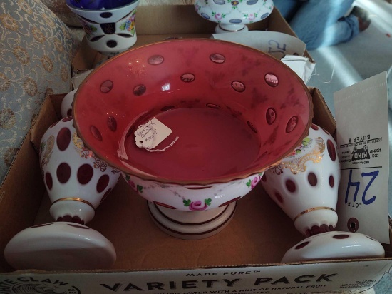 3 pc Cranberry Set w/ Vases and Center Bowl