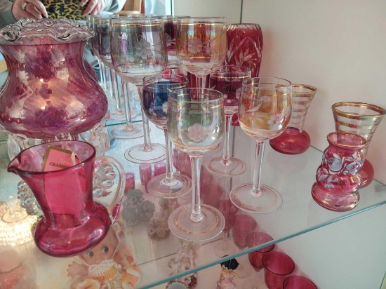Cranberry Creamer and Lusters, Stemware & Vase
