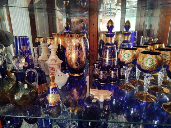 Bohemian Style Decanter Set, Stemware, Vase, Oil & Vinegar Set