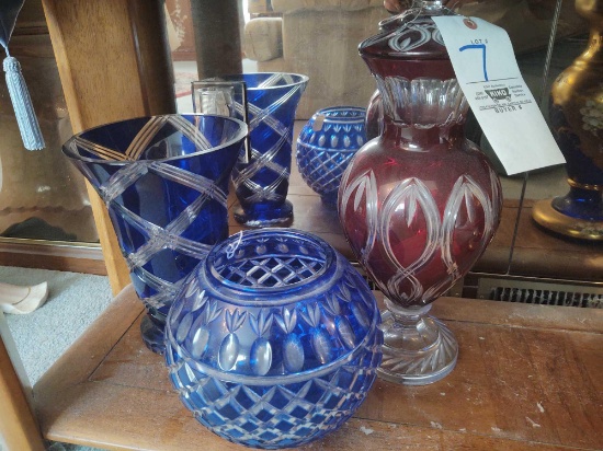 Polished Cobalt Crystal Vase, Cobalt Fishbowl & Hilda Flack Ruby Urn