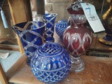 Polished Cobalt Crystal Vase, Cobalt Fishbowl & Hilda Flack Ruby Urn