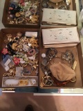 Two Boxes Of Costume Jewelry, Brooches, Wrist Watches, and More