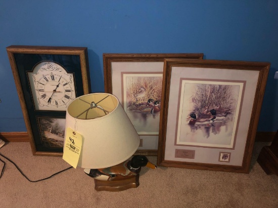 Anni Moller Mallards and Wood Duck Art, Duck Lamp, Ingraham Clock with Deer