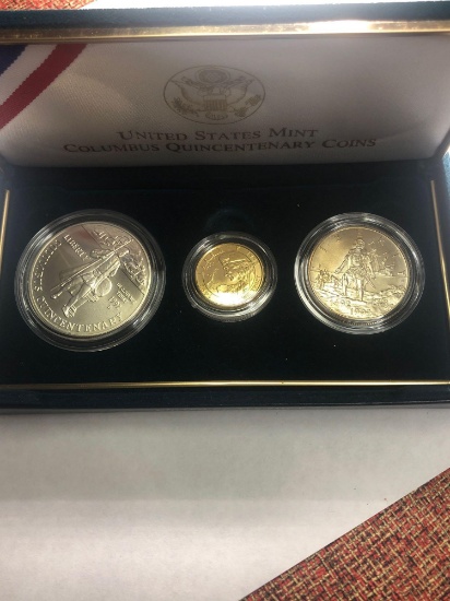 1992 3 coin set Columbus Quin centenary Gold and Silver