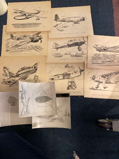 8 Henry Clark aviation art lithographs Grumman, Curtis, Douglas, etc., plus 3 photos airplanes