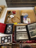 3 boxes of costume jewelry, Canadian coin sets, postcard album