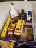 Tonka toys, bank, desk items and decanter