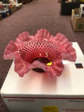 Fenton Opalescent Cranberry Hobnail Bowl with Ruffled Crimped Edge