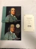 Benjamin Franklin silver dollar coin and print and stamps