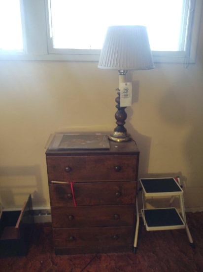 Small chest of drawers, lamp, pictures and cuckoo clock