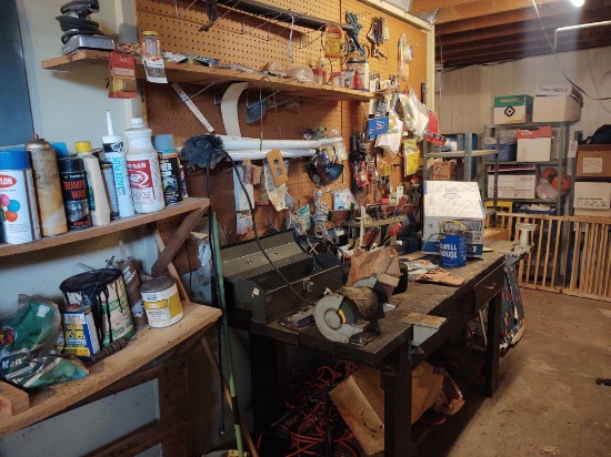 Contents of Workbench incl. Vise, Grinder, Assorted Hand Tools & Sprays