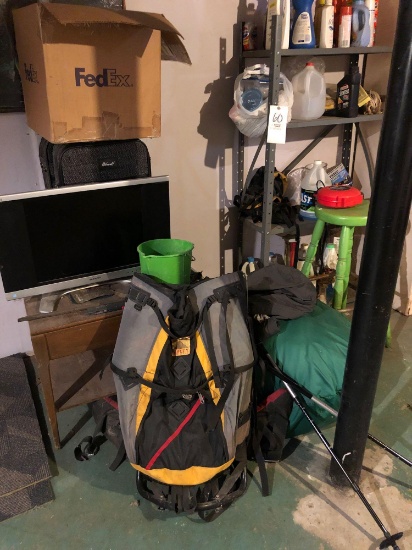 Kelly pack frame, Trekking poles, stool, metal shelf, luggage