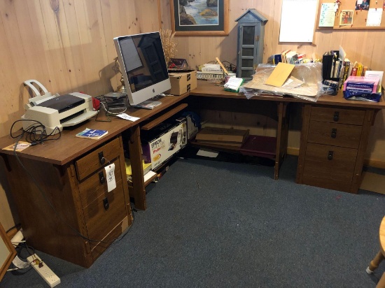 Large corner desk with two side stands. Contents not included
