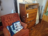 Chest of drawers, upholstered chair, ironing board and Willow Tree figurines