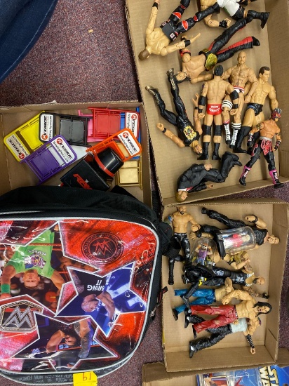 3 flats wrestling items, backpack, figures