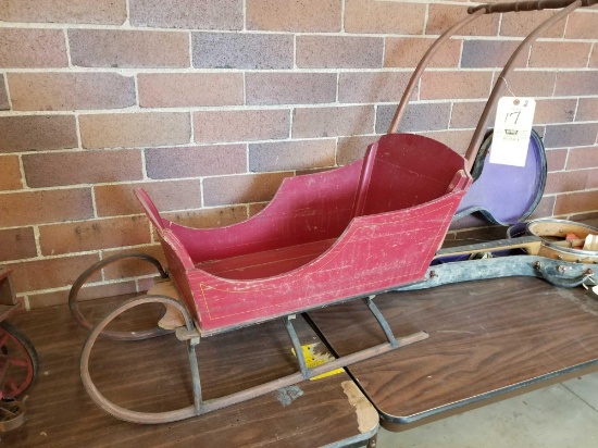 Early childs sleigh, red paint with stenciling