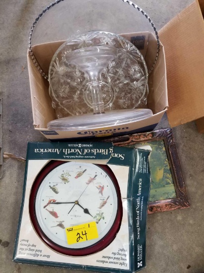 Cake stand, candlewick platter, bird clock