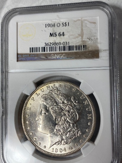 1904-O Morgan silver dollar, MS-64 grade.