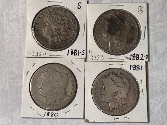 (4) Morgan silver dollars (1880, 1881, 1881-S, 1882-O). Bid times four.