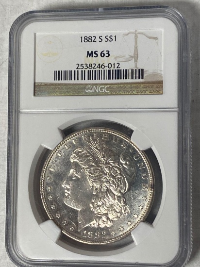 1882-S Morgan silver dollar, MS-63 grade.
