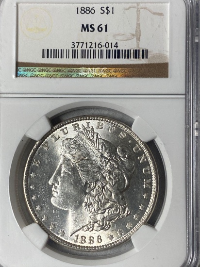 1886 Morgan silver dollar, MS-61 grade.